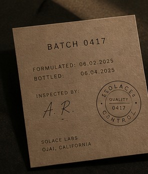 Batch 0417 inspection card inspected by A.R., Solace Labs Ojai