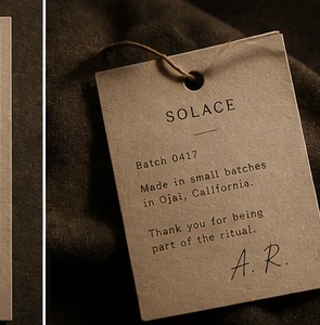 Product hang tag reading Solace batch 0417, made in Ojai