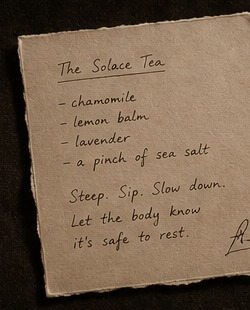 Handwritten recipe card for The Solace Tea — chamomile, lemon balm, lavender