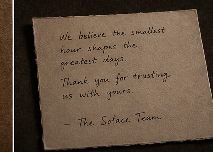 Handwritten thank-you card from The Solace Team on deckle-edged paper